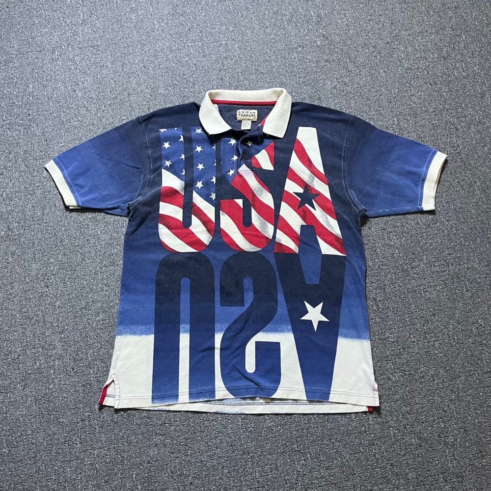 Vintage Cotton Traders USA Flag Polo Shirt XL Blue Red White Stars Stripes 90s